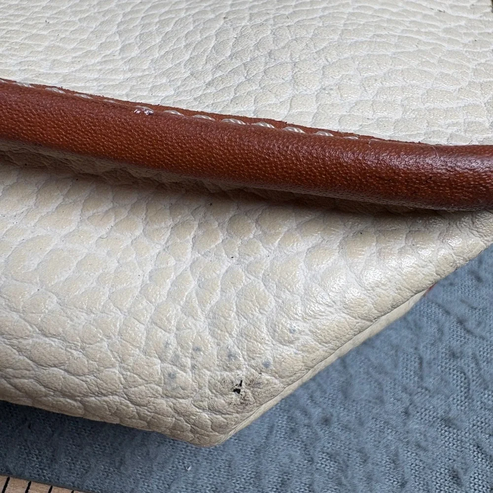 Vintage Pebbled Leather Satchel Handbag Cream Brown Turn Lock Top Handle Bag